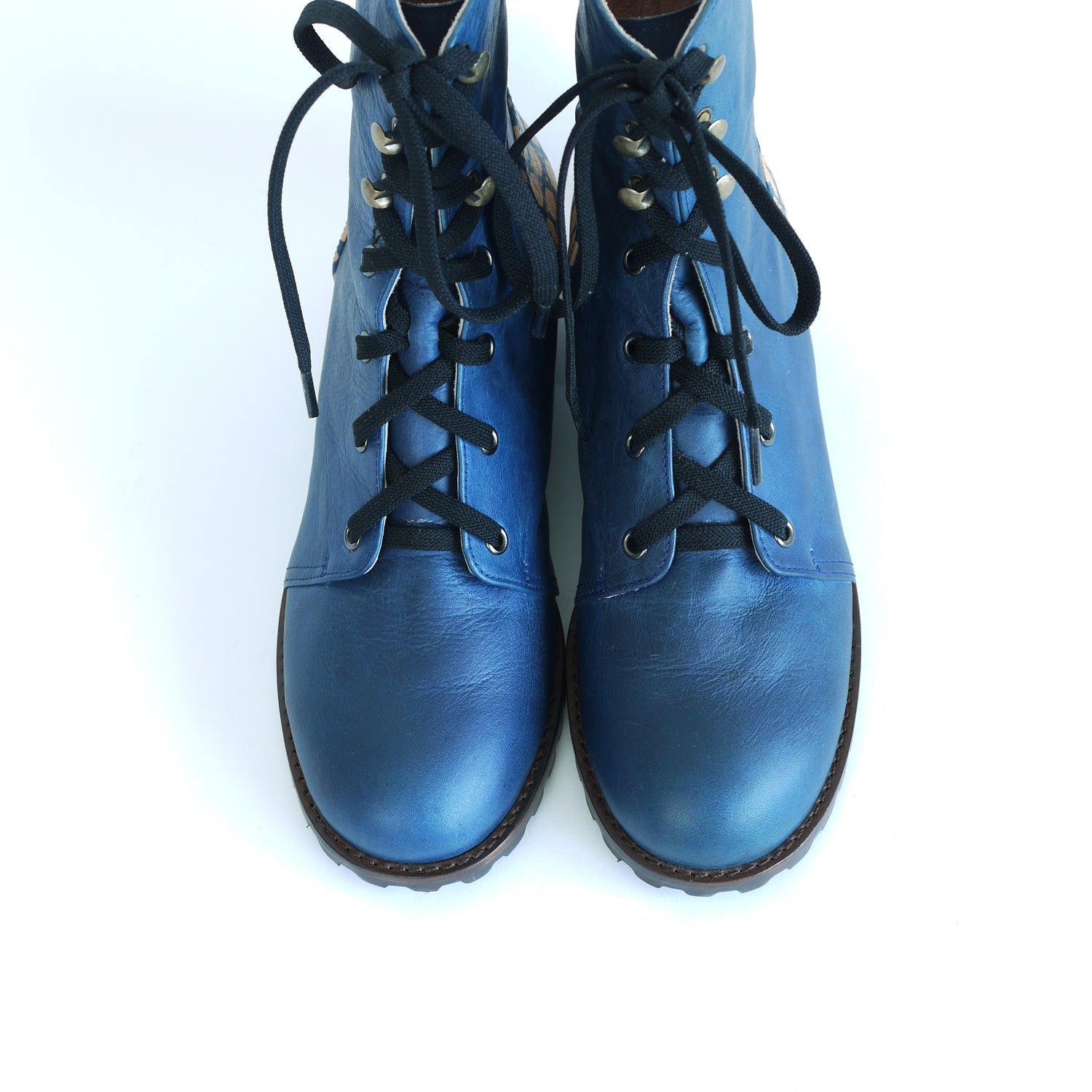 Indigo Lace-Up Boots. Hand built indigo Leather boots. BASKET WEAVE. Katazome indigo boots.