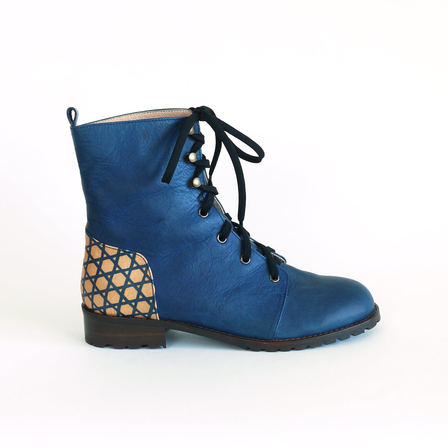 Indigo Lace-Up Boots. Hand built indigo Leather boots. BASKET WEAVE. Katazome indigo boots.
