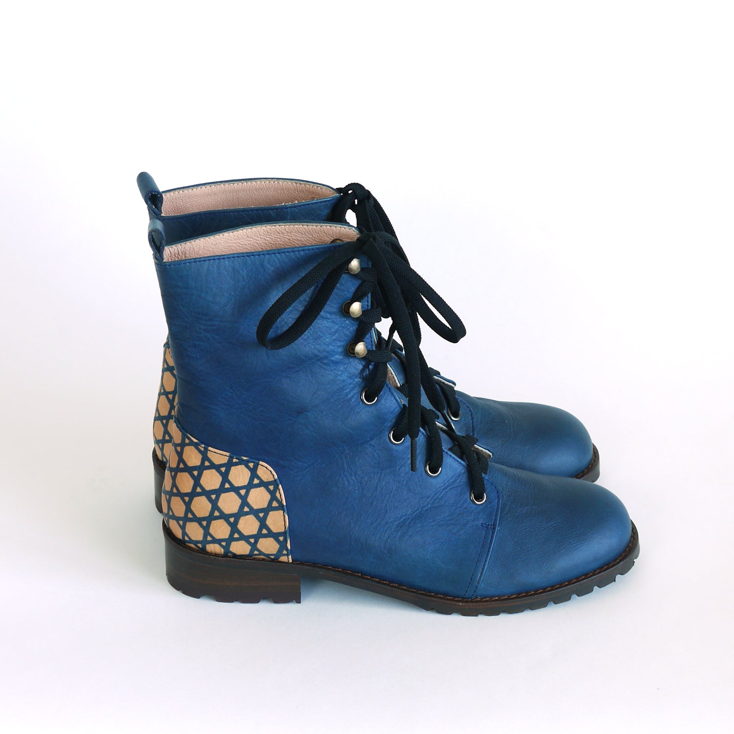 Indigo Lace-Up Boots. Hand built indigo Leather boots. BASKET WEAVE. Katazome indigo boots.