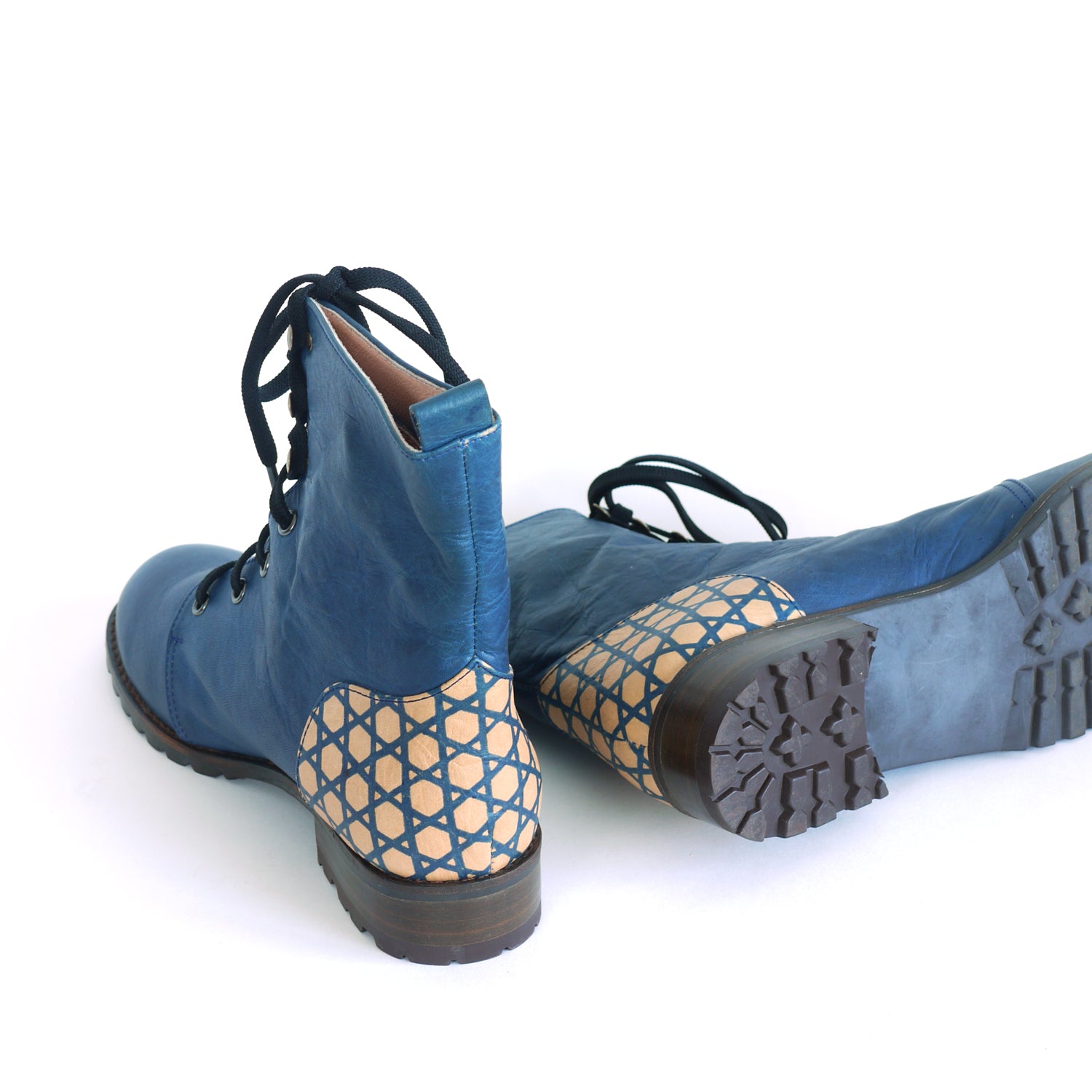 Indigo Lace-Up Boots. Hand built indigo Leather boots. BASKET WEAVE. Katazome indigo boots.
