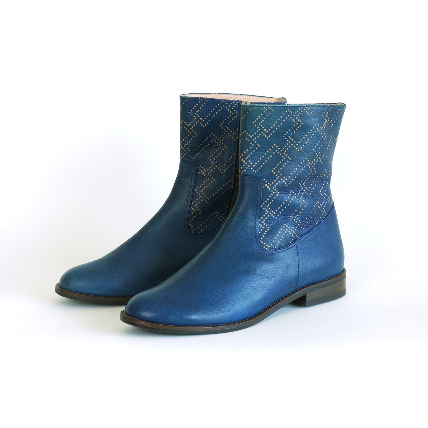 Woman's Ankle Boots.  Indigo dyed leather boots.  SASHIKO