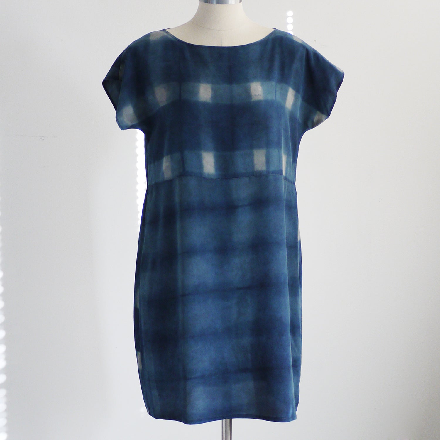 PLAID on PLAID. Hand dyed Indigo dress. Made to order. Natural dye on Silk