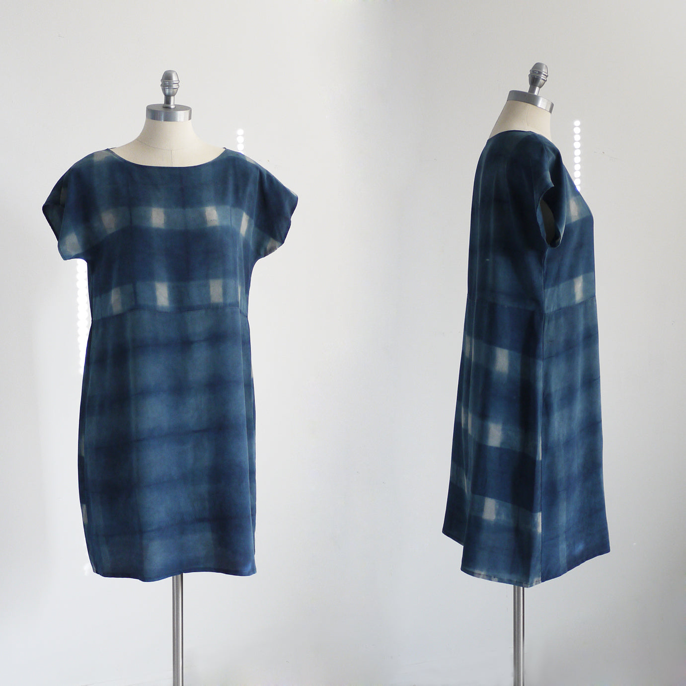PLAID on PLAID. Hand dyed Indigo dress. Made to order. Natural dye on Silk