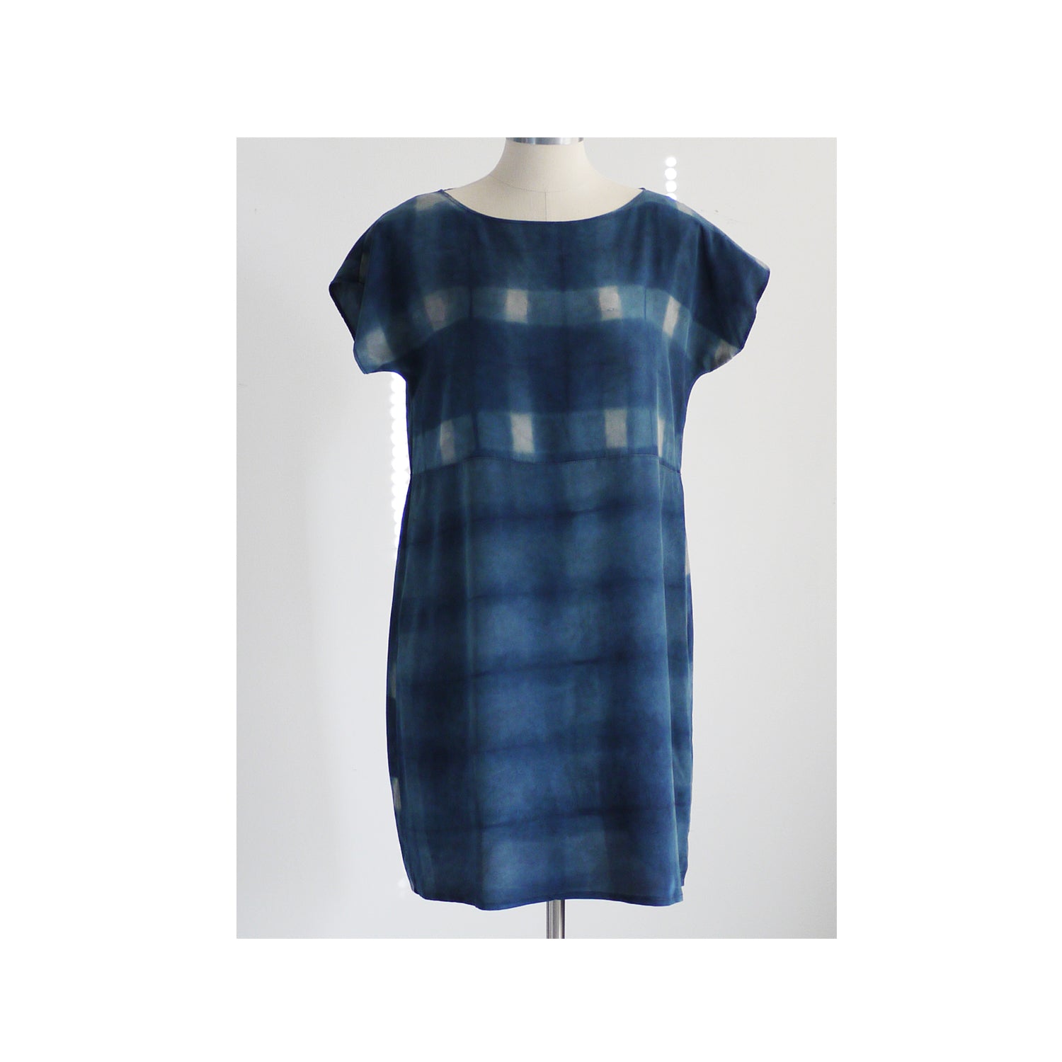 PLAID on PLAID. Hand dyed Indigo dress. Made to order. Natural dye on Silk
