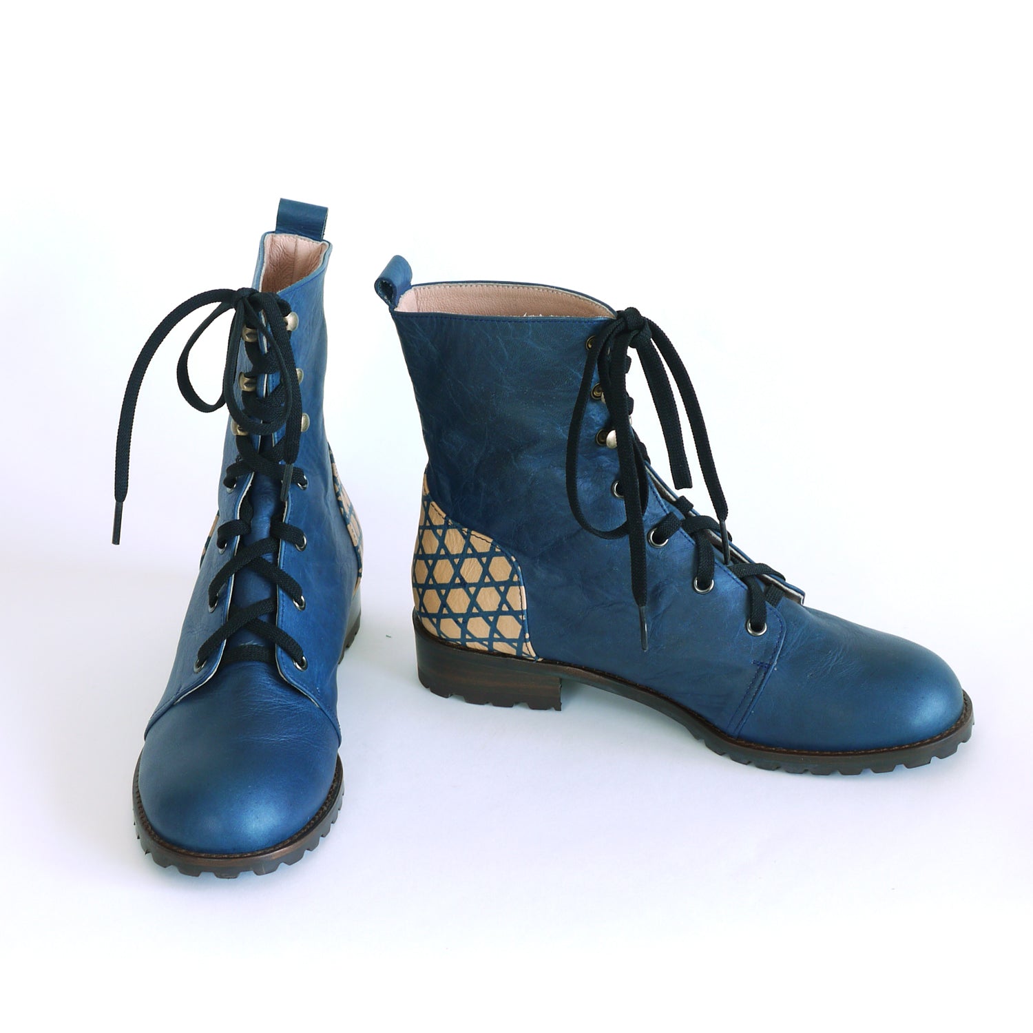 Indigo Lace-Up Boots. Hand built indigo Leather boots. BASKET WEAVE. Katazome indigo boots.