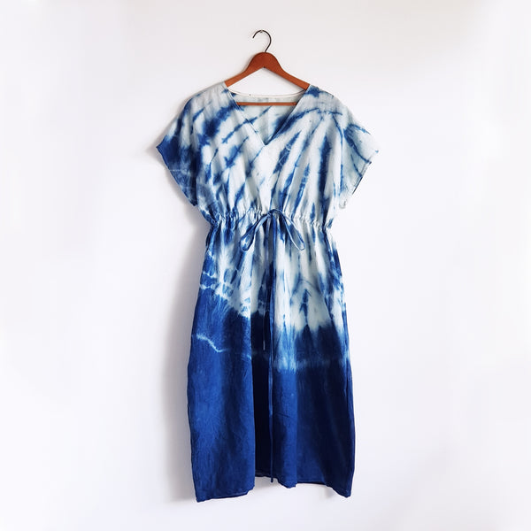 Boho Indigo Kaftan, Hand dyed cotton dress, made to order