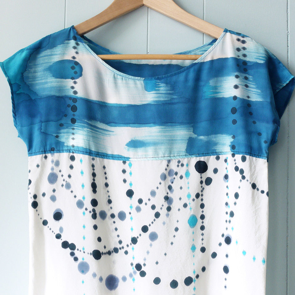 INDIGO IKAT.  painted silk top