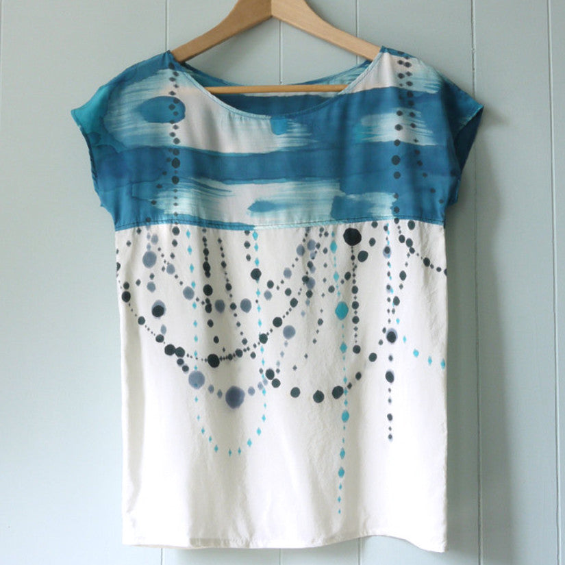 INDIGO IKAT.  painted silk top