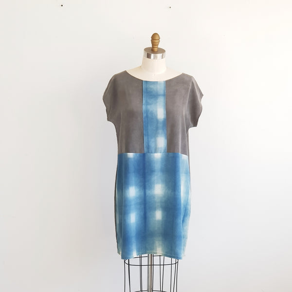 PLAID silk DRESS Indigo Shibori organic dye dress Medium