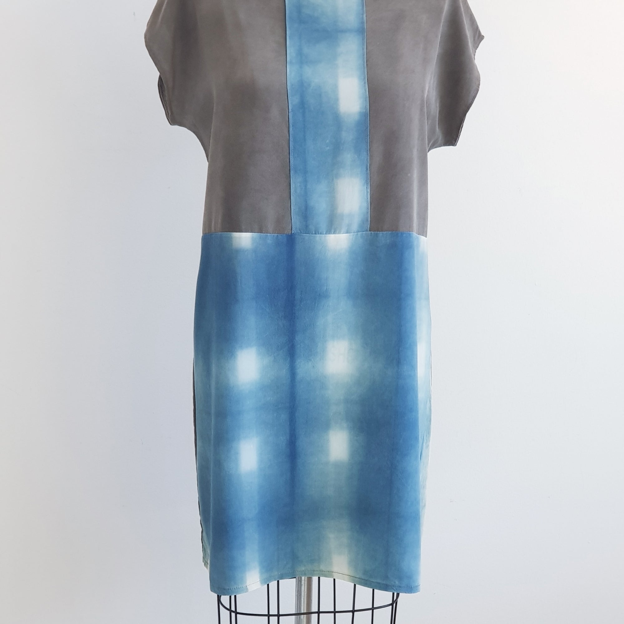 PLAID silk DRESS Indigo Shibori organic dye dress Medium