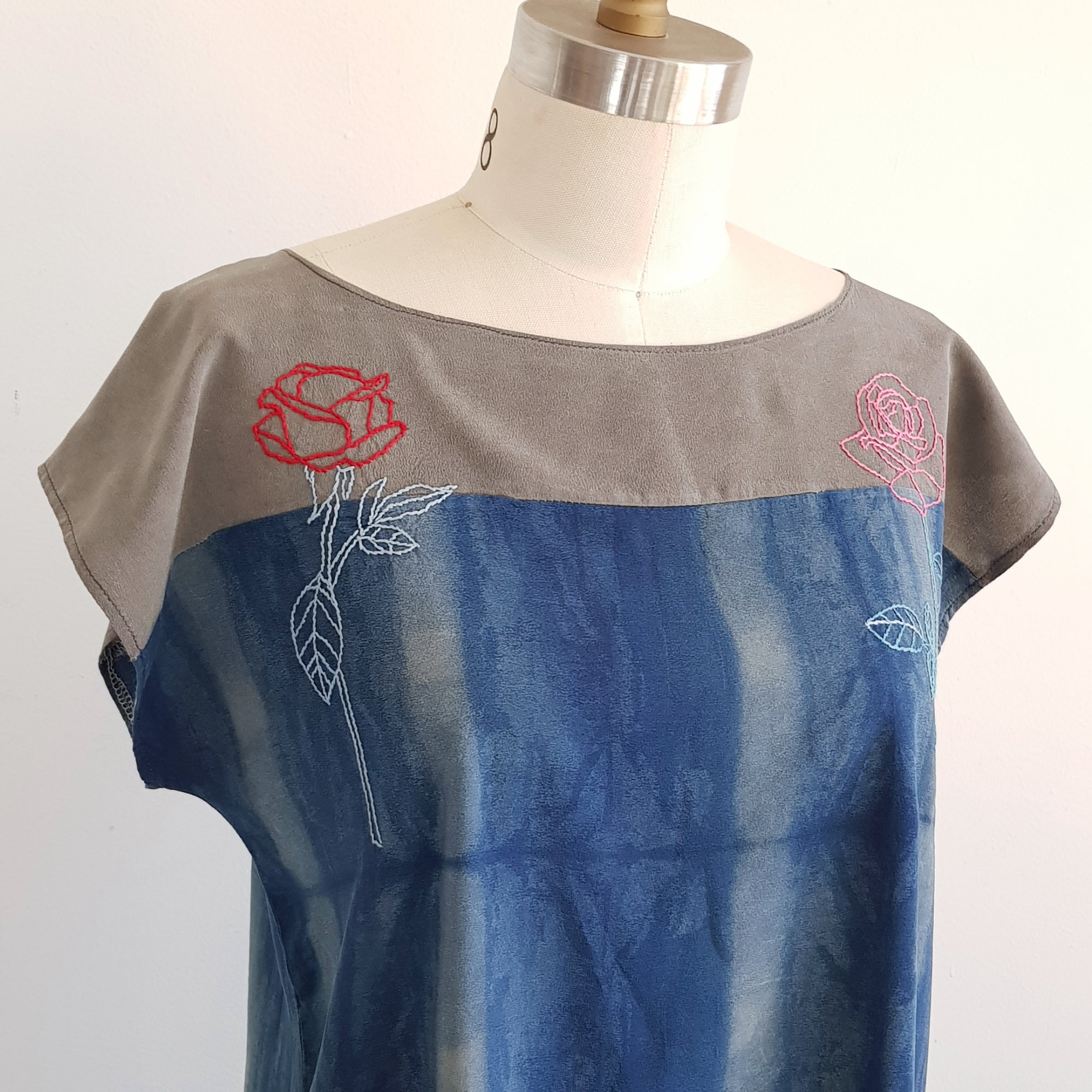 ROSE Embroidered organic dye Dress Indigo & Soot ink Small/medium