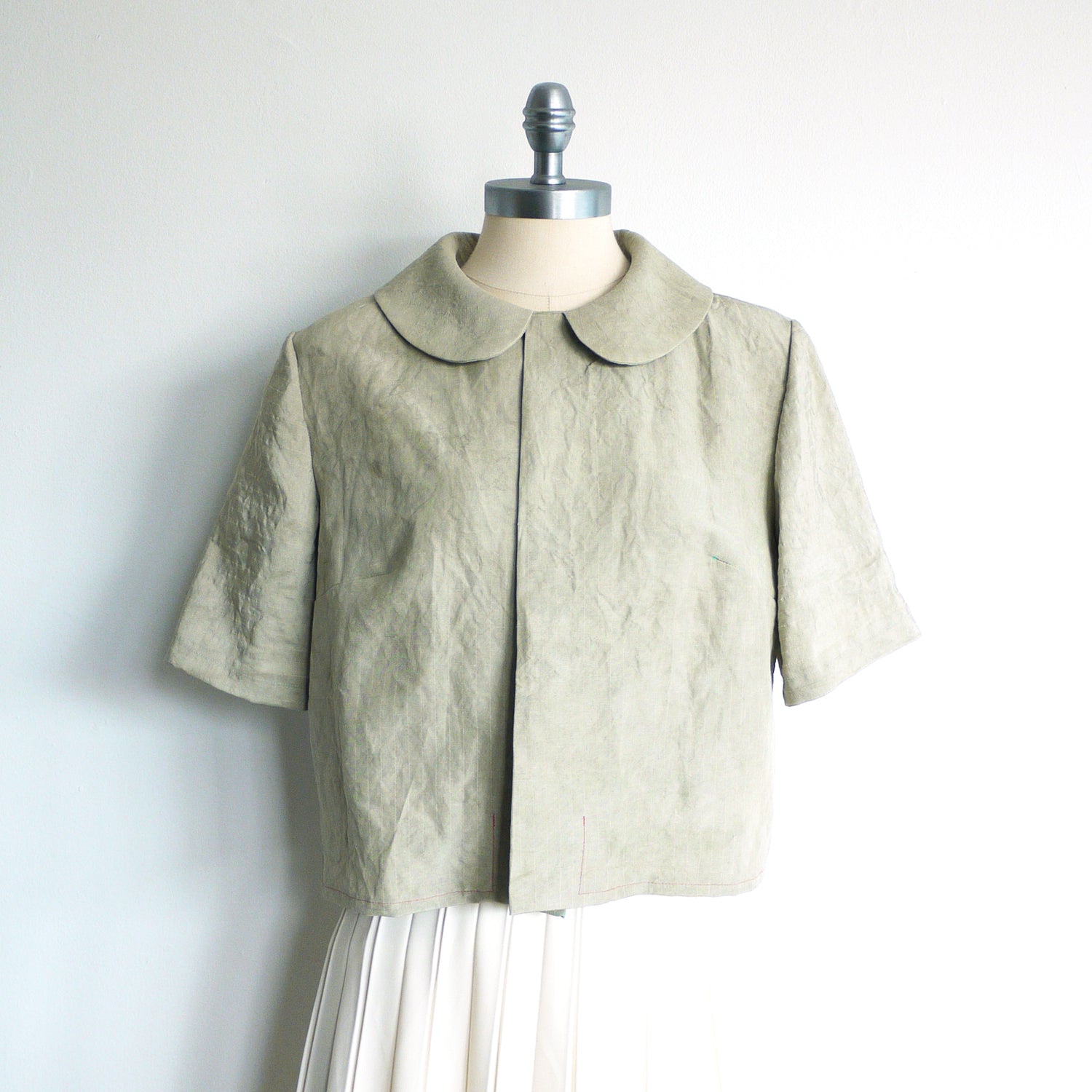 Celadon. Mugwort plant dye silk blouse in gray sage color. Peter Pan collar cropped blouse