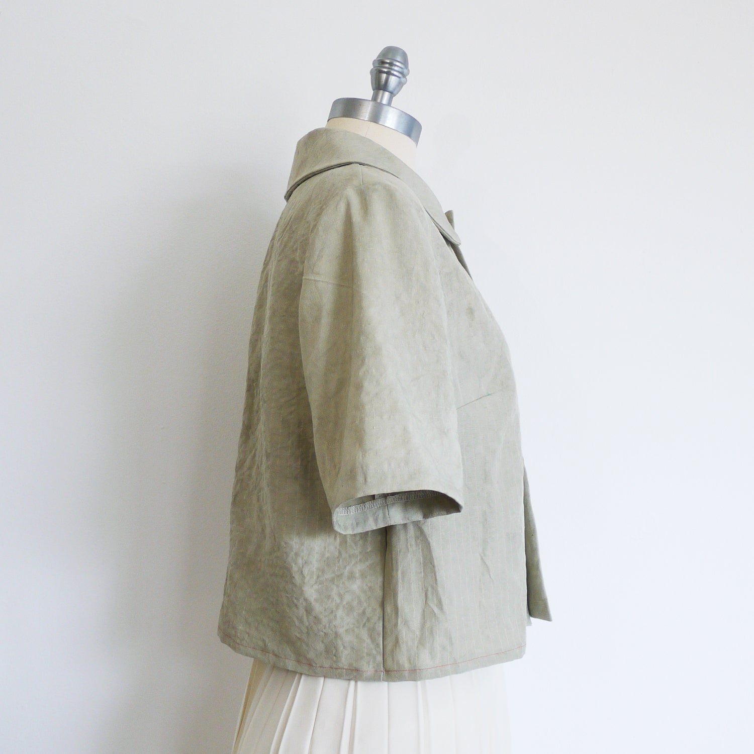 Celadon. Mugwort plant dye silk blouse in gray sage color. Peter Pan collar cropped blouse