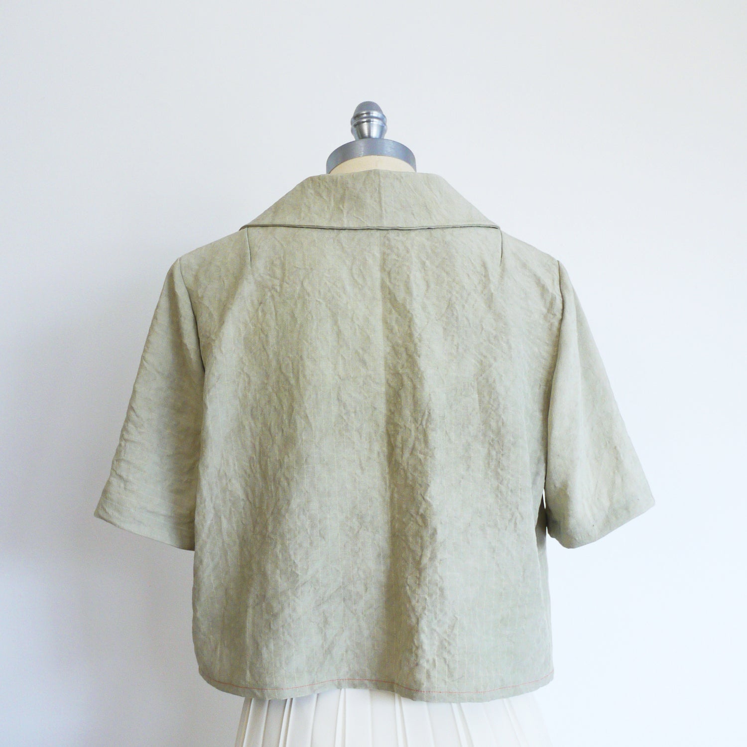 Celadon. Mugwort plant dye silk blouse in gray sage color. Peter Pan collar cropped blouse