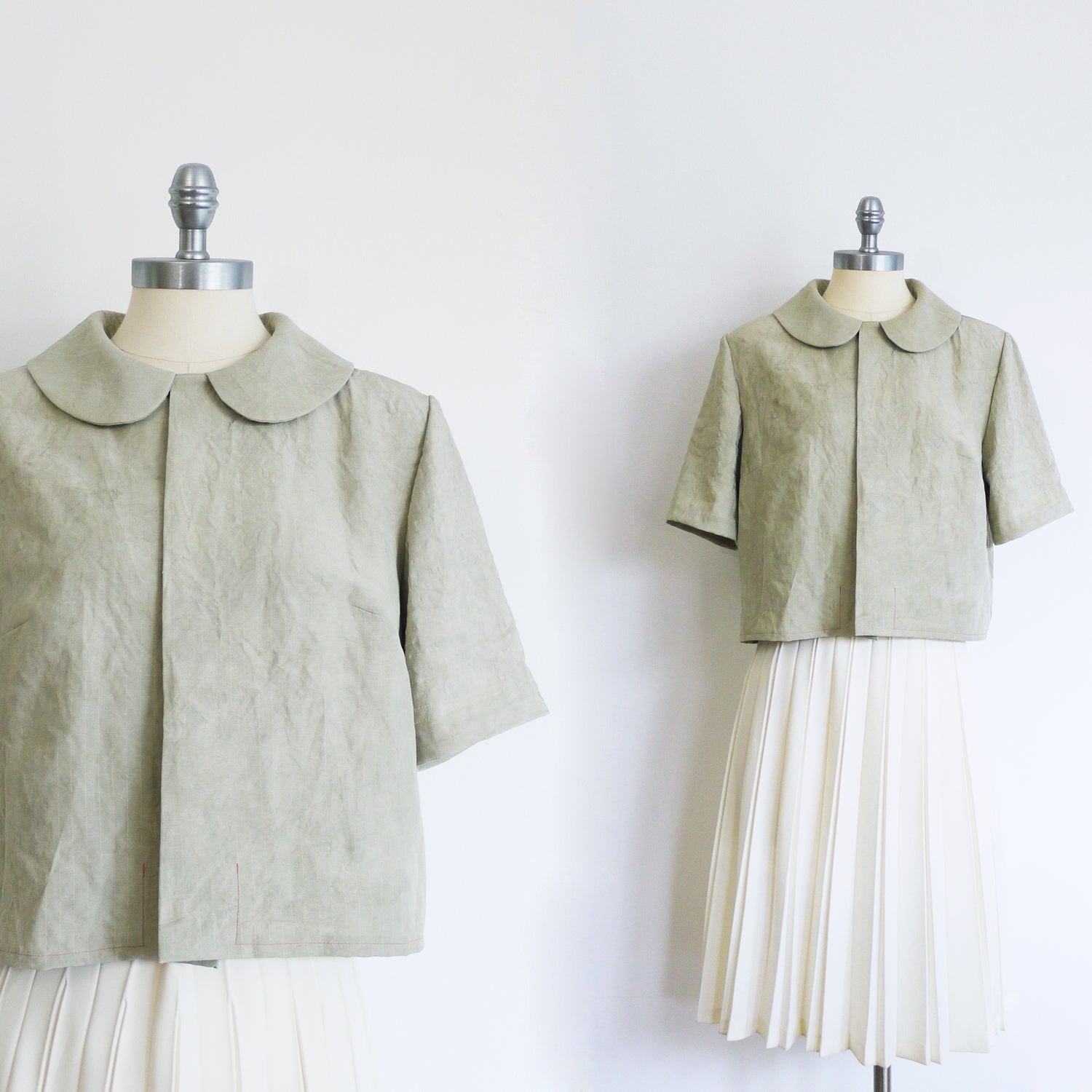 Celadon. Mugwort plant dye silk blouse in gray sage color. Peter Pan collar cropped blouse