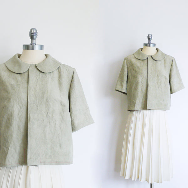 Celadon. Mugwort plant dye silk blouse in gray sage color.  Peter Pan collar cropped blouse