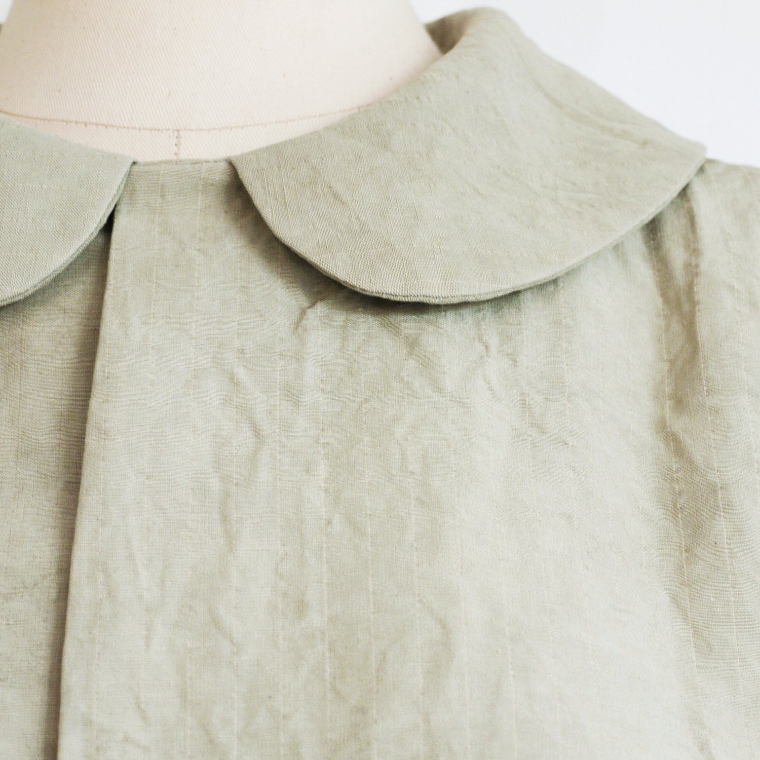 Celadon. Mugwort plant dye silk blouse in gray sage color. Peter Pan collar cropped blouse