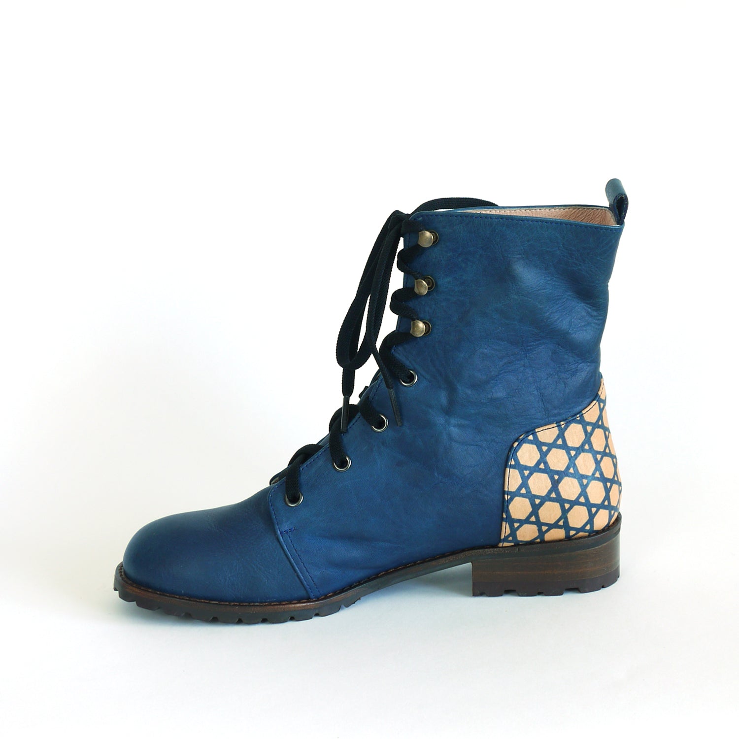 Indigo Lace-Up Boots.  Hand built indigo Leather boots.  BASKET WEAVE.  Katazome indigo boots.