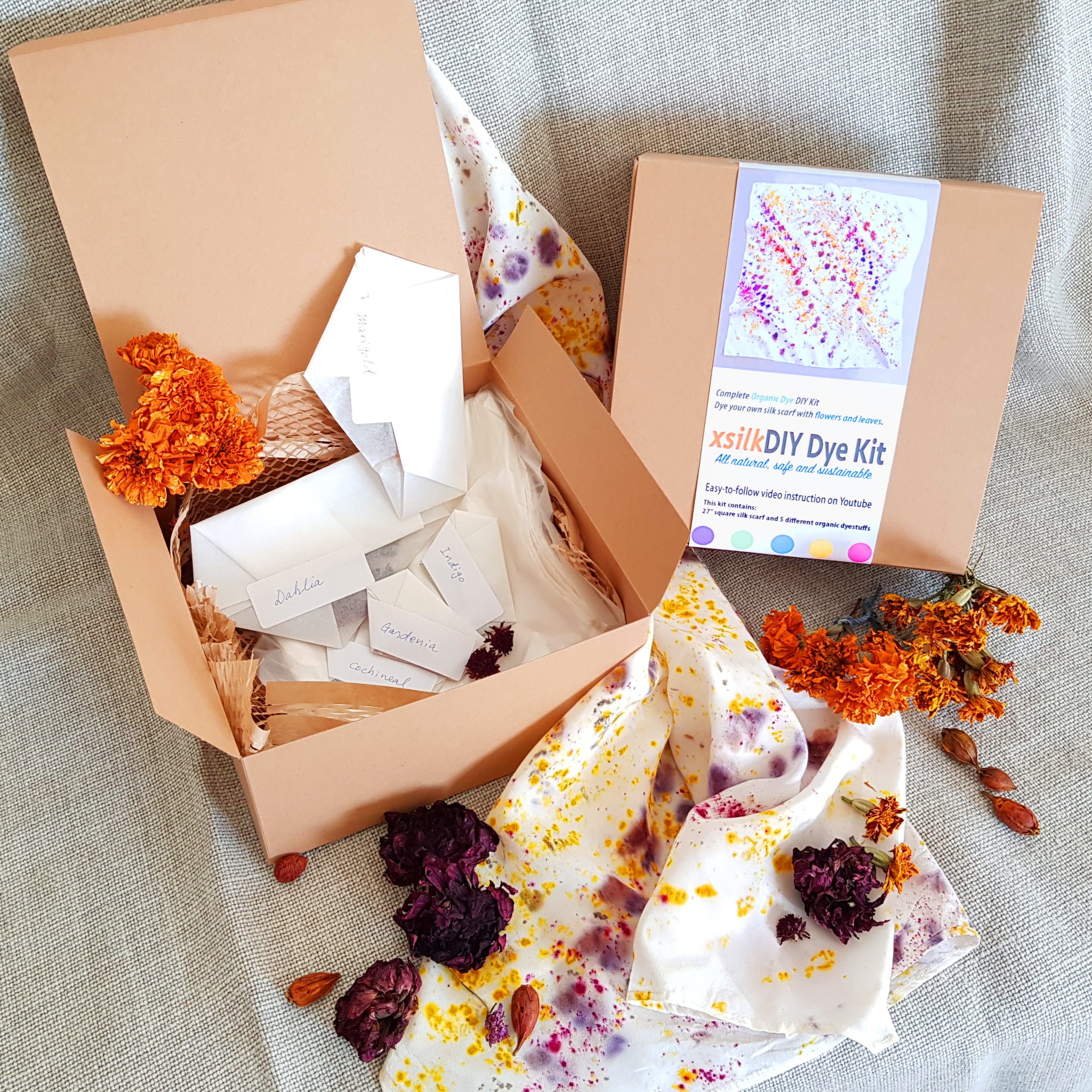 DIY Natural Dye Kit.  Silk Scarf Dye Kit with organic dyes  Great gift idea for DIYers
