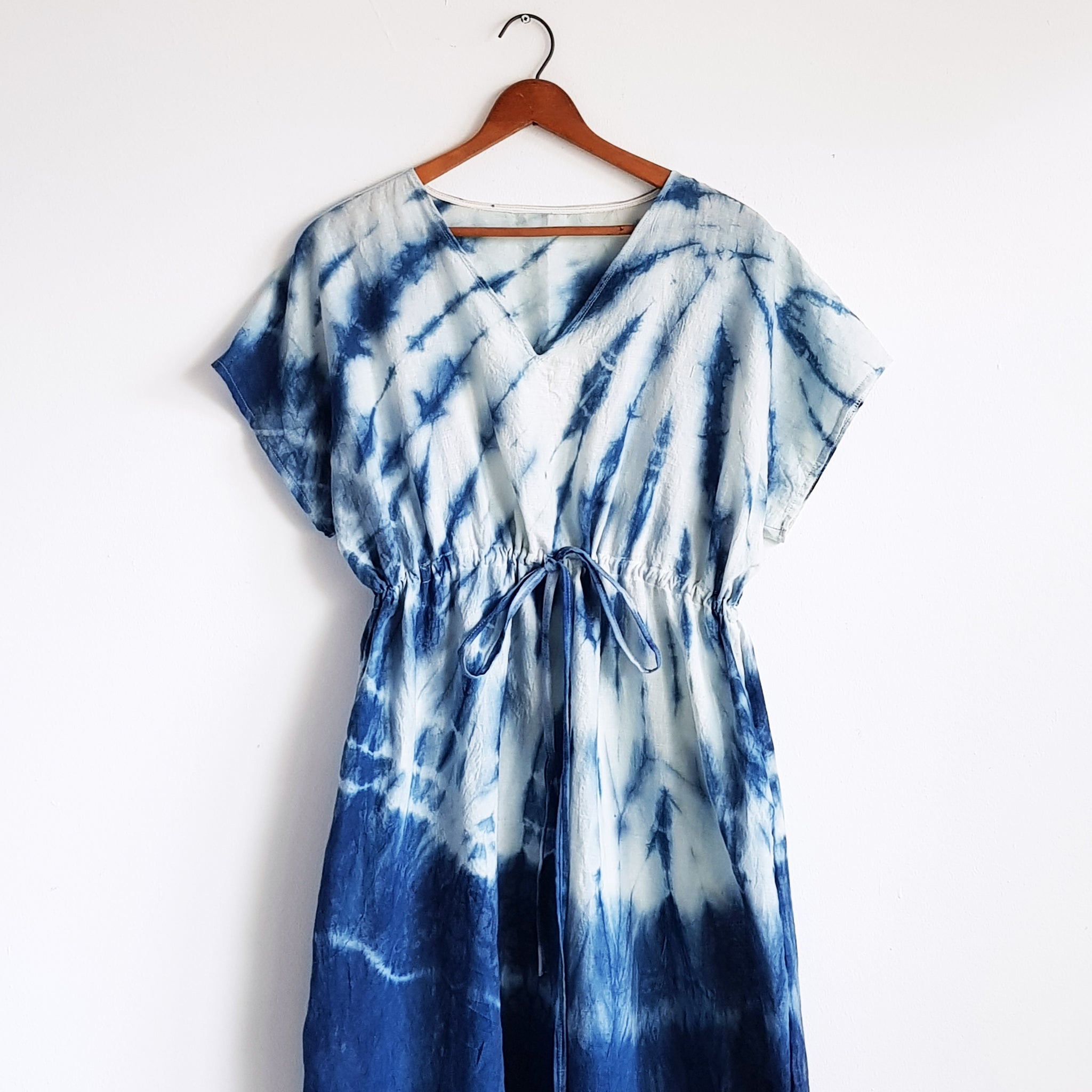 Boho Indigo Kaftan, Hand dyed cotton dress, made to order