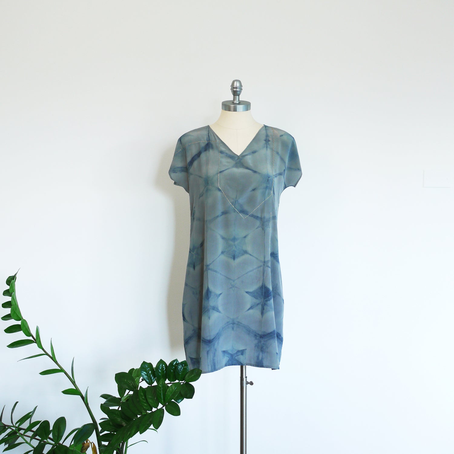 BLUE on Gray indigo embroidered silk dress.