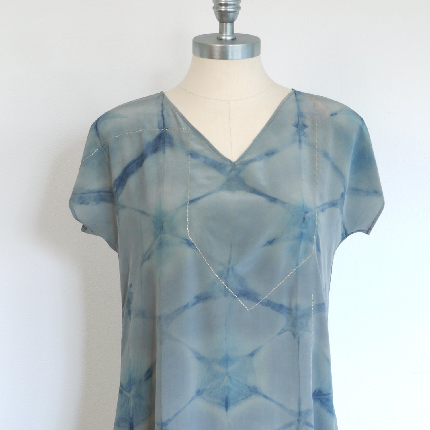 BLUE on Gray indigo embroidered silk dress.