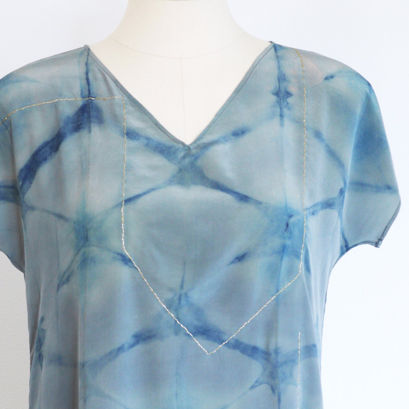 BLUE on Gray indigo embroidered silk dress.