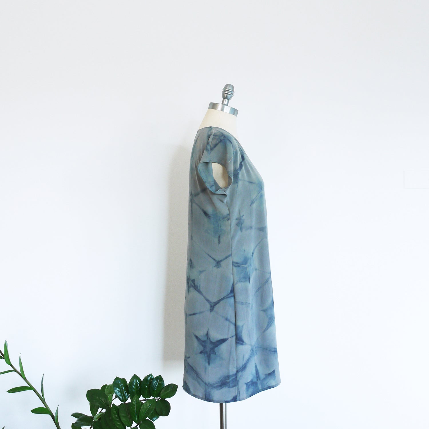 BLUE on Gray indigo embroidered silk dress.