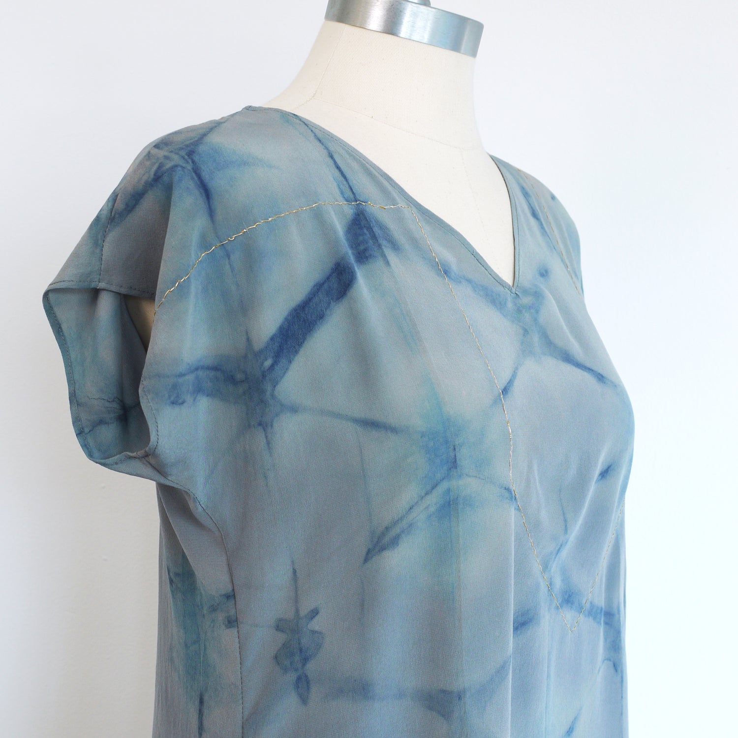 BLUE on Gray indigo embroidered silk dress.