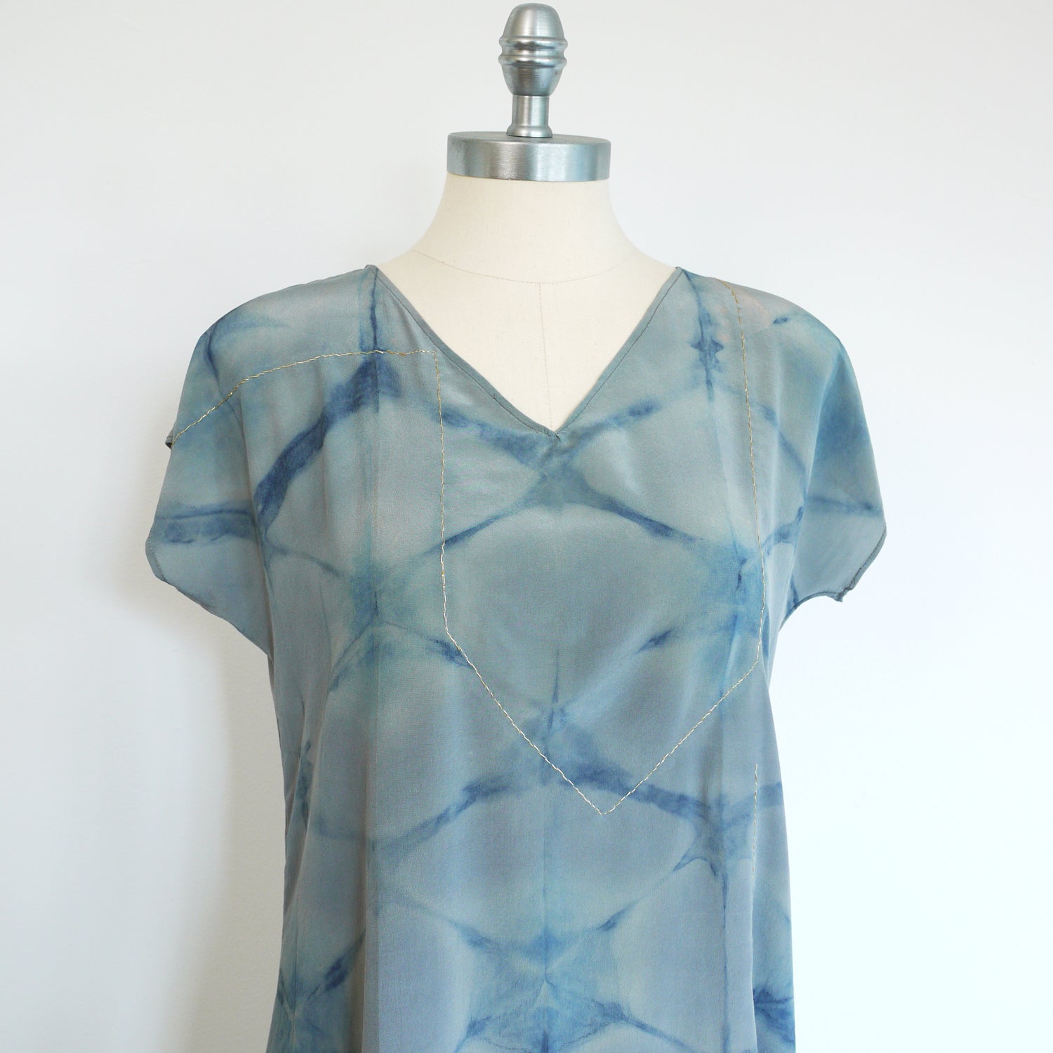 BLUE on Gray indigo embroidered silk dress.