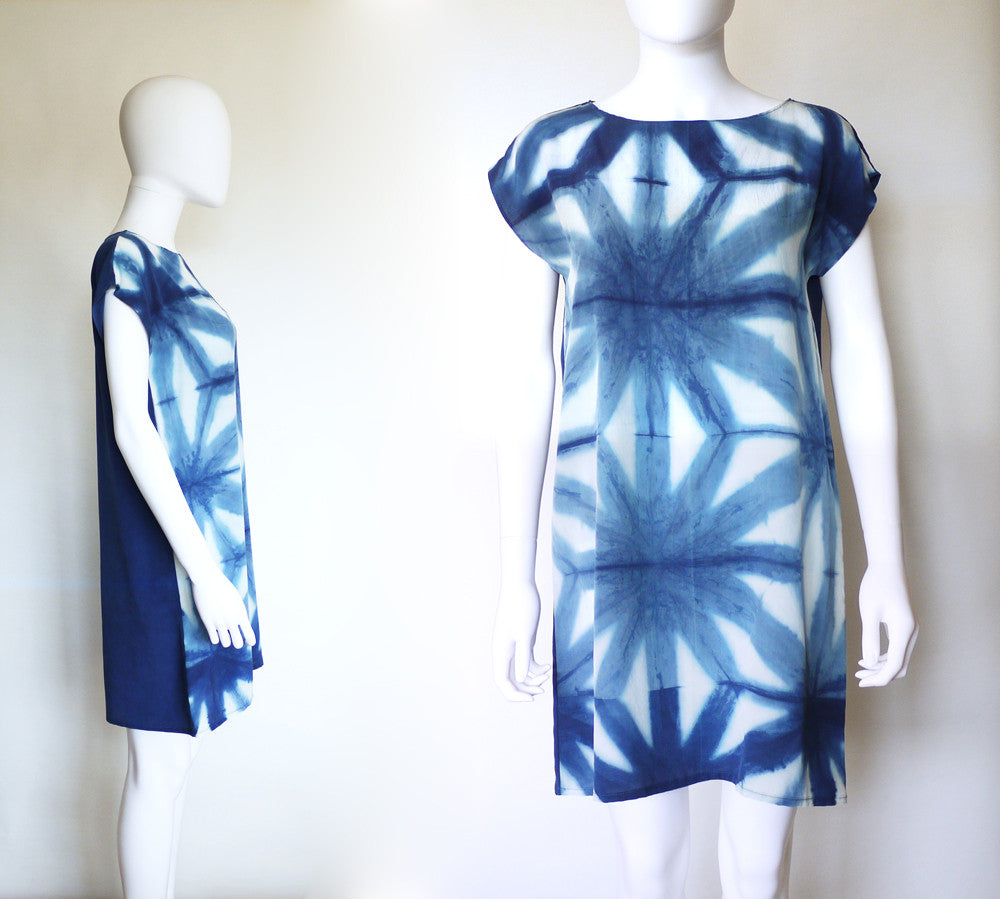 INDIGO LEAF pattern. indigo silk dress